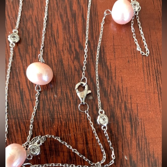 Genuine Pink Pearl, CZ, Sterling Silver Necklace - Picture 8 of 9